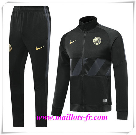 nouveau Ensemble Survetement de Foot - Veste Inter Milan Noir 2019/2020 Col Haut